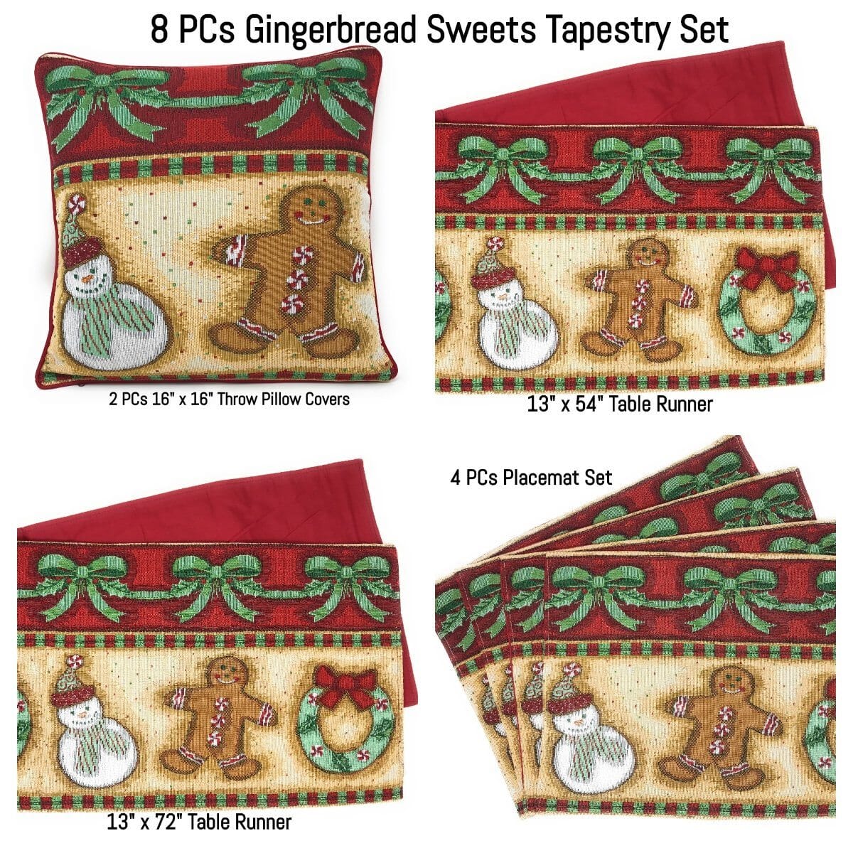 DaDa Bedding Set of 8 Pieces Gingerbread Sweets Holiday Table Tapestry - 4 Placemats, 2 Table Runners, 2 Throw Pillow Covers (12917)-0