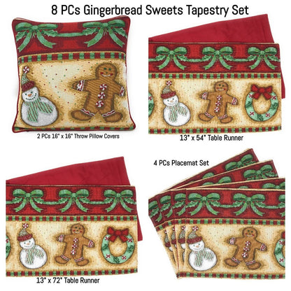 DaDa Bedding Set of 8 Pieces Gingerbread Sweets Holiday Table Tapestry - 4 Placemats, 2 Table Runners, 2 Throw Pillow Covers (12917)-0
