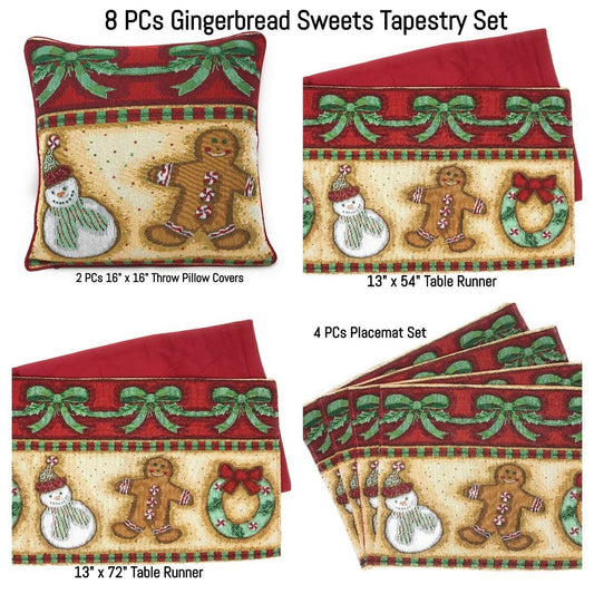 DaDa Bedding Set of 8 Pieces Gingerbread Sweets Holiday Table Tapestry - 4 Placemats, 2 Table Runners, 2 Throw Pillow Covers (12917)-0