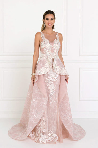 Lace Illusion Sweetheart A-Line Long Dress with Organza Overlay-2