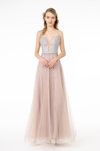 Jewel Embellished Bodice Mesh A-Line Dress w/ Strap Back-1