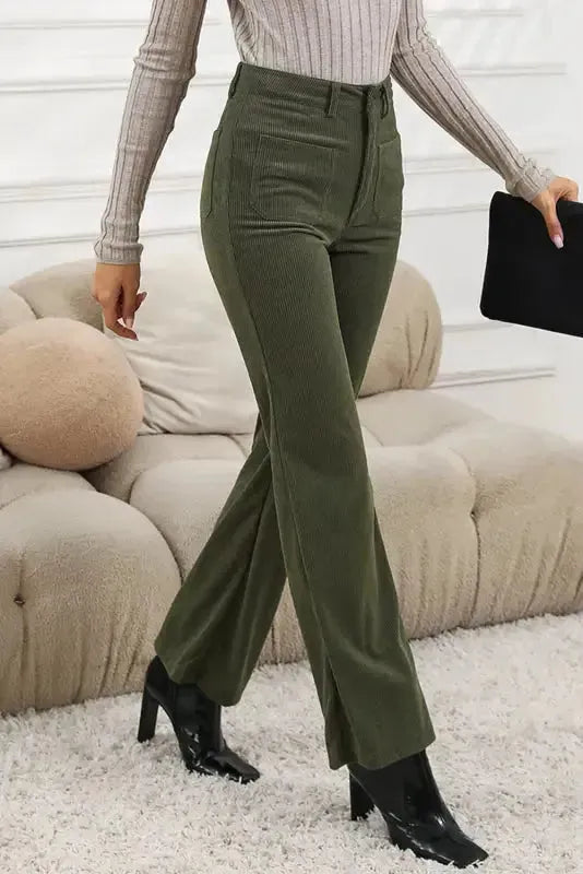 Green High Waist Square Pockets Corduroy Pants-2