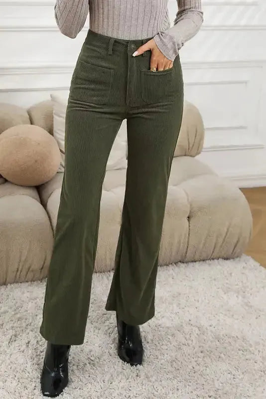 Green High Waist Square Pockets Corduroy Pants-3