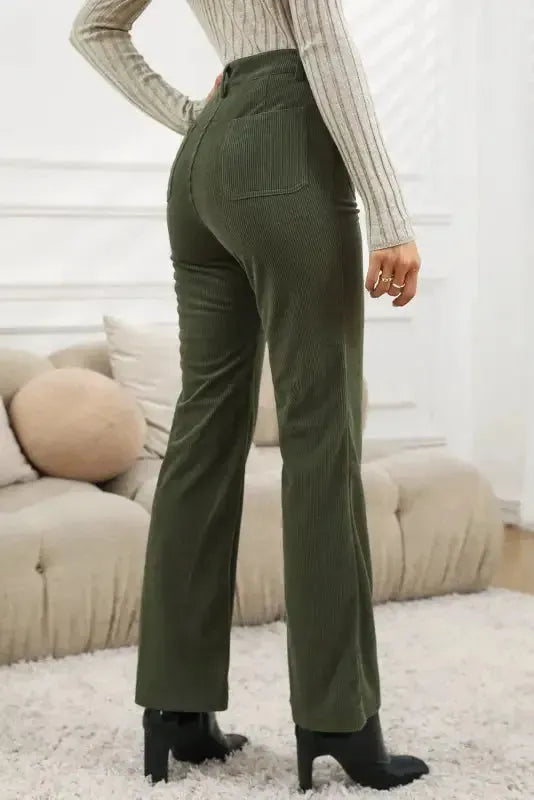 Green High Waist Square Pockets Corduroy Pants-1