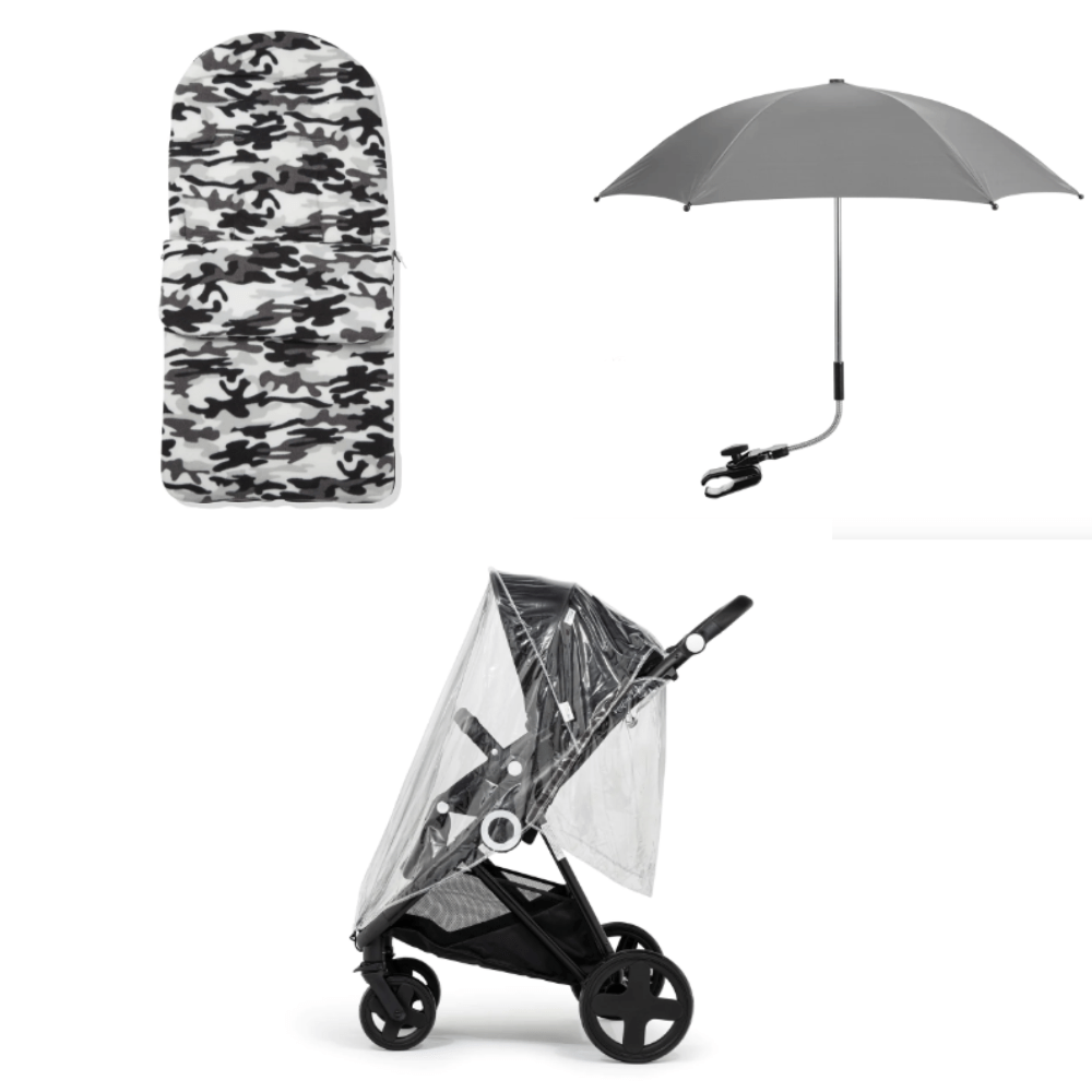 Grey Camouflage Footmuff, Parasol and Universal Rain cover Pushchair Bundle-0