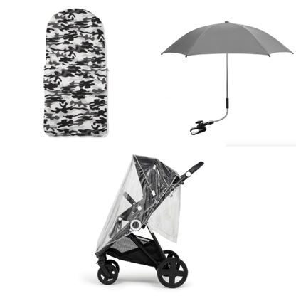 Grey Camouflage Footmuff, Parasol and Universal Rain cover Pushchair Bundle-0