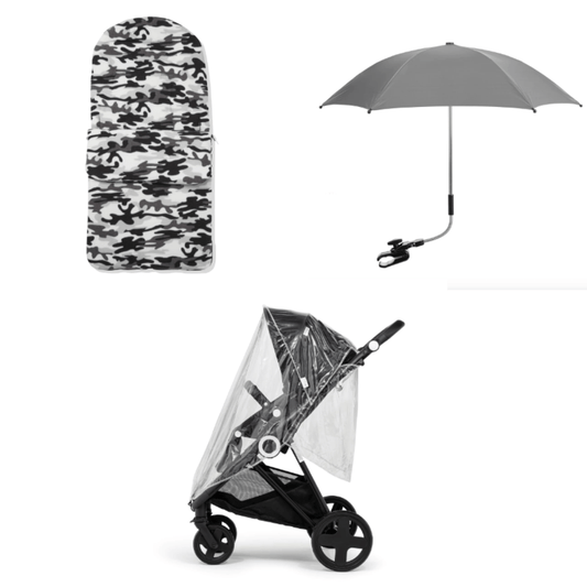 Grey Camouflage Footmuff, Parasol and Universal Rain cover Pushchair Bundle-0