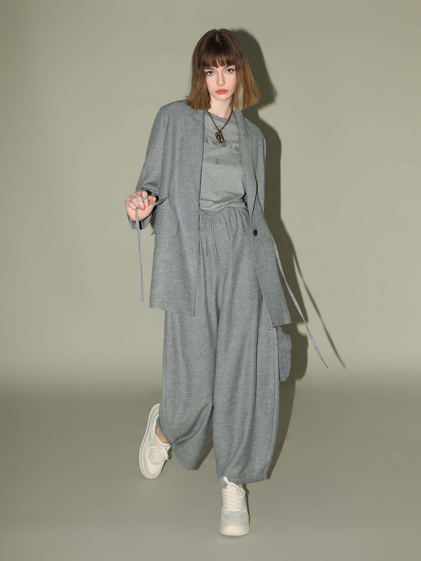 Grey Oversized Belted Blazer-1