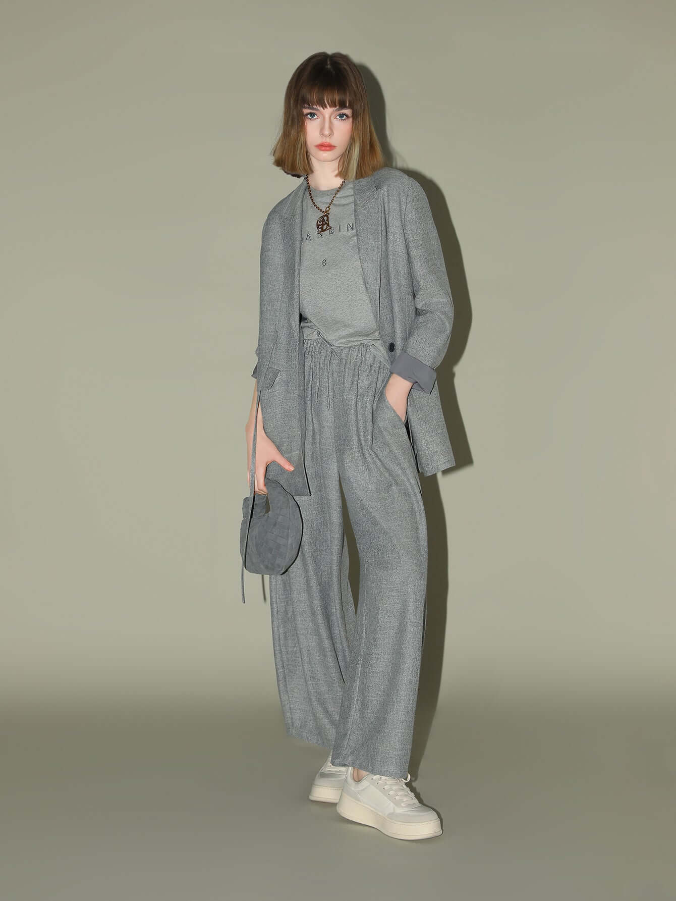 Grey Oversized Belted Blazer-2