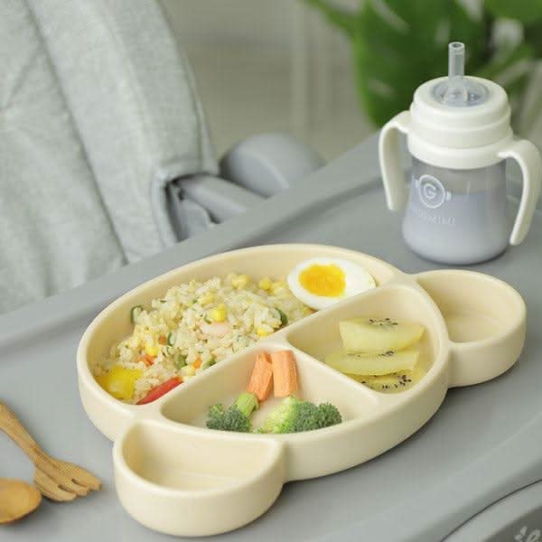 Grosmimi Bear Silicone Suction Food Plate with Silicone Lid Vanilla-2