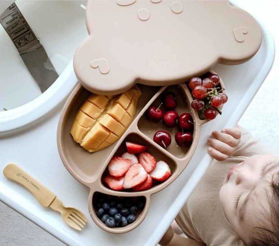 Grosmimi Bear Silicone Suction Food Plate with Silicone Lid Oatmeal-4