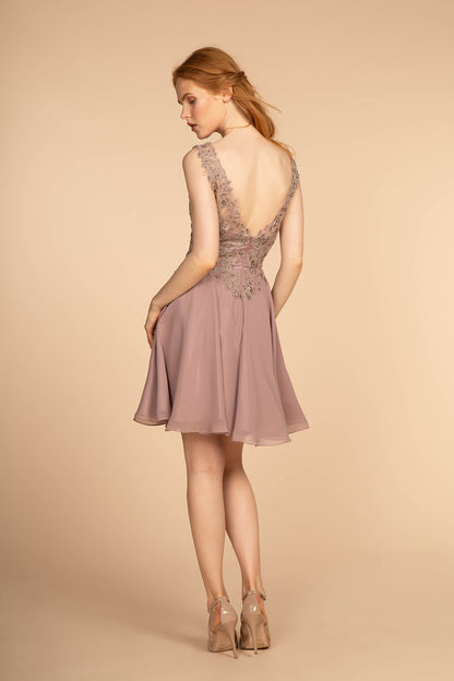 Embroidered Applique Bodice V-Neck Chiffon Short Dress-1