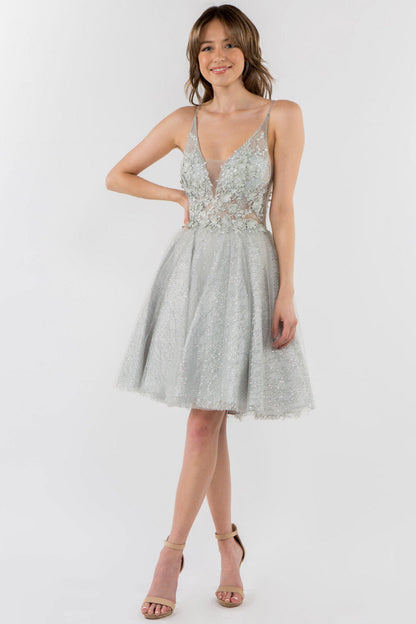 Sheer Bodice V-Neck Glitter Mesh Homecoming Dress-6