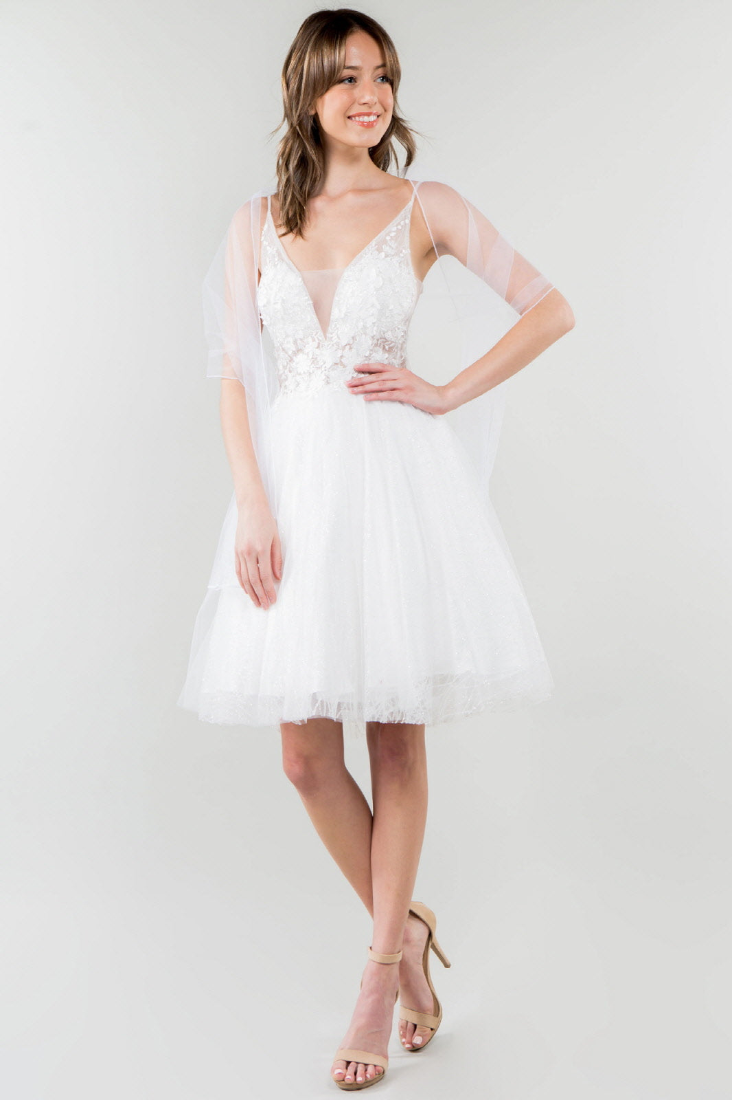 Sheer Bodice V-Neck Glitter Mesh Homecoming Dress-7