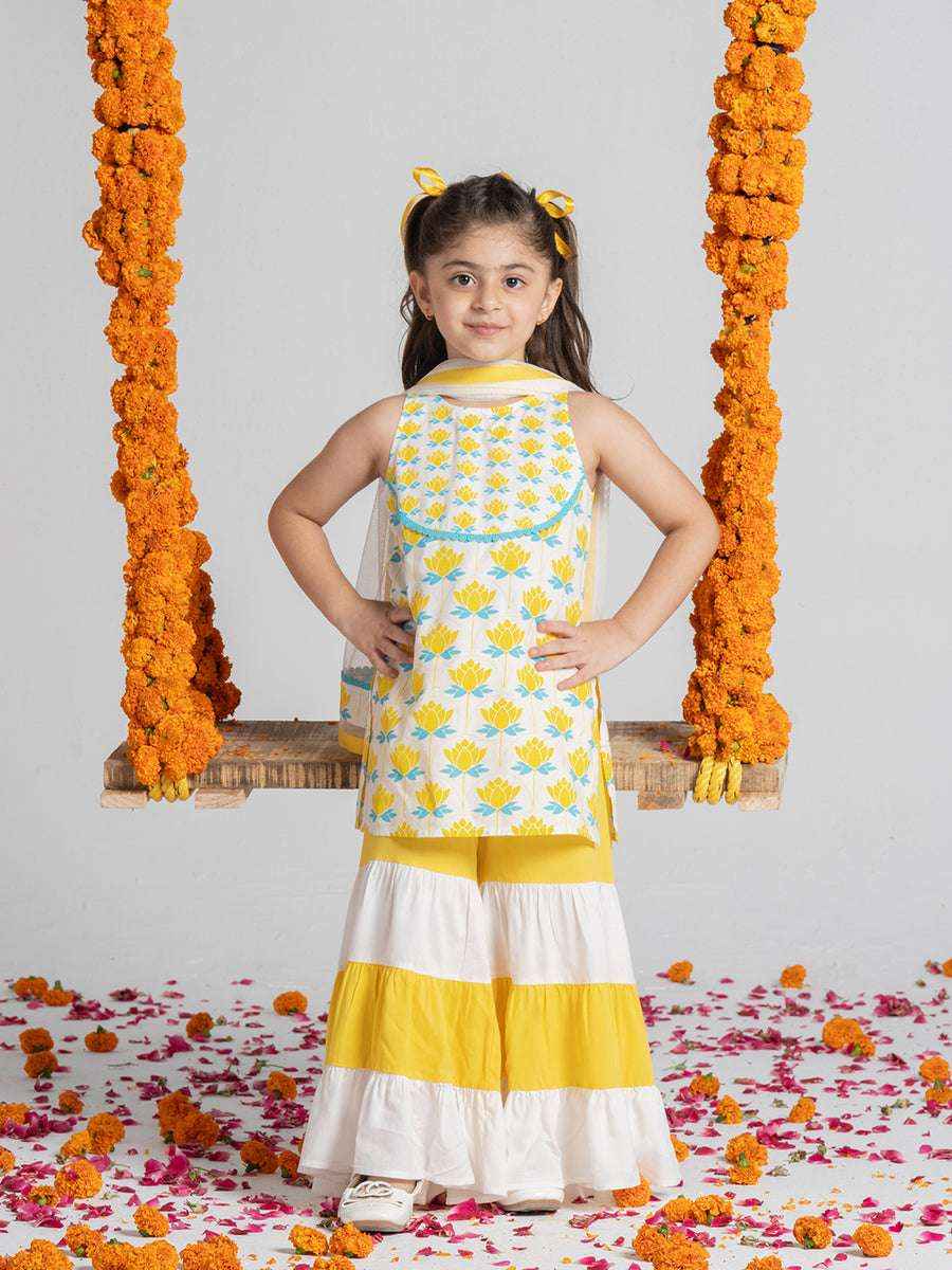 GulBano Sunshine Yellow & White Tiered Sharara Set-1