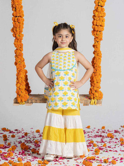 GulBano Sunshine Yellow & White Tiered Sharara Set-1