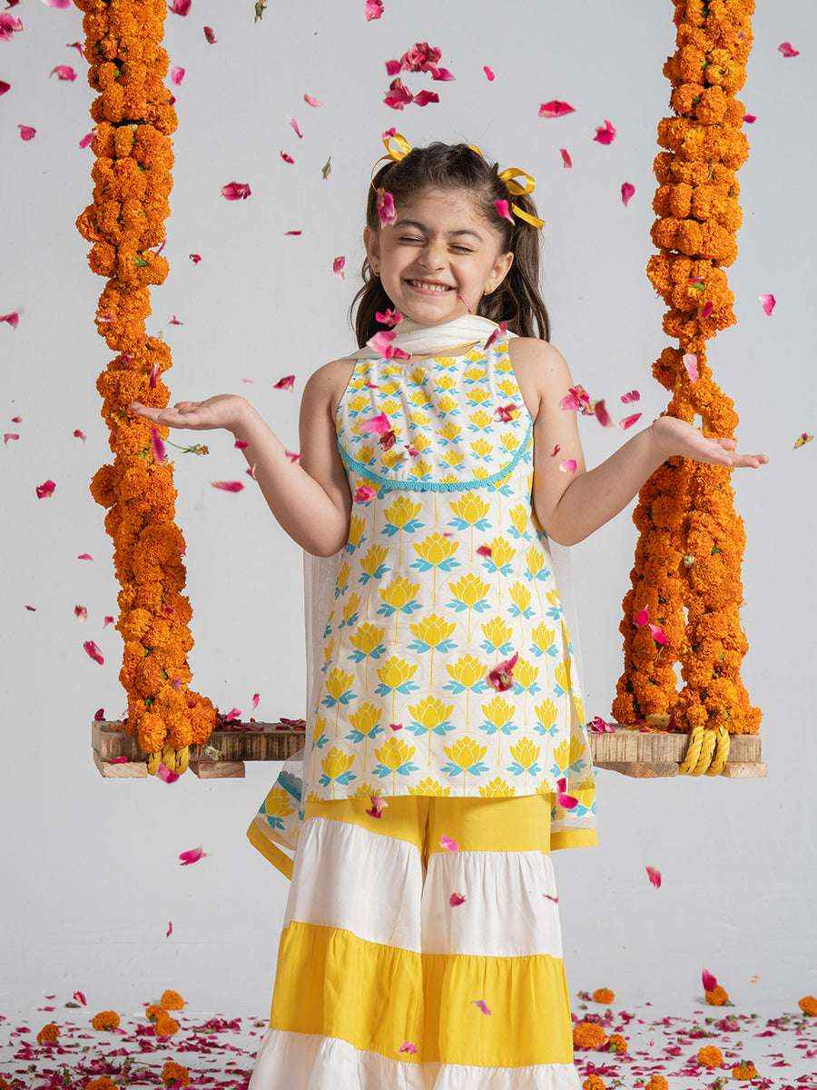 GulBano Sunshine Yellow & White Tiered Sharara Set-2