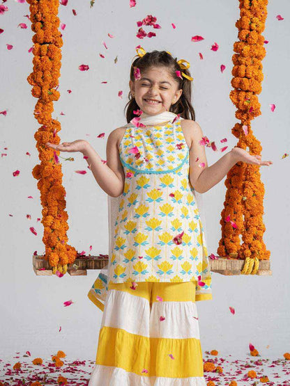 GulBano Sunshine Yellow & White Tiered Sharara Set-2
