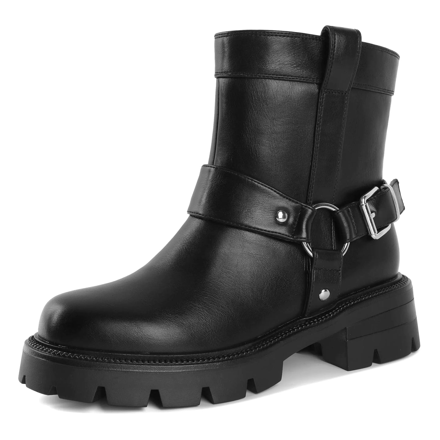 Joseywade Womens Black Boots For Ankle Boots Biker Riding Boots Lug Sole Plaform Chunky Boots Short Boots Pull On Boots 2 Inch Round Toe Motorcycle Metal Buckle Booties Size 11