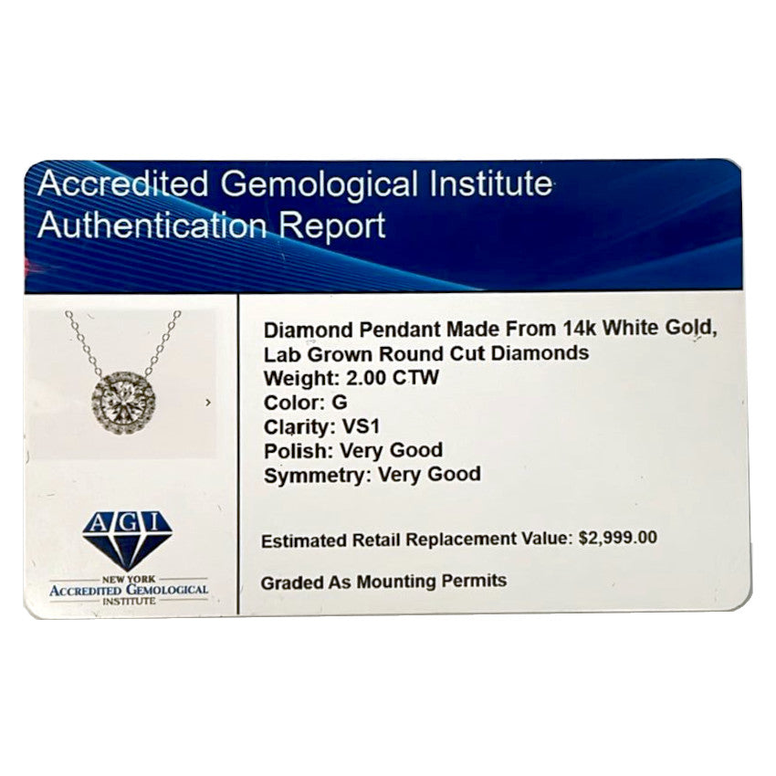 2.00 CTW AGI Certified Lab-Grown Diamond Halo Pendant Necklace in 14kt White Gold-4