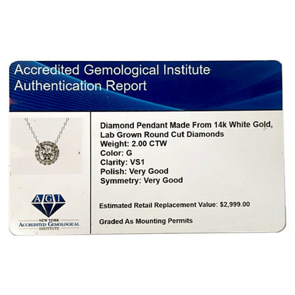 2.00 CTW AGI Certified Lab-Grown Diamond Halo Pendant Necklace in 14kt White Gold-4
