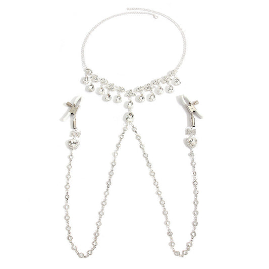 Heart & Bow Crystal Chain Nipple Clamps with Collar-0