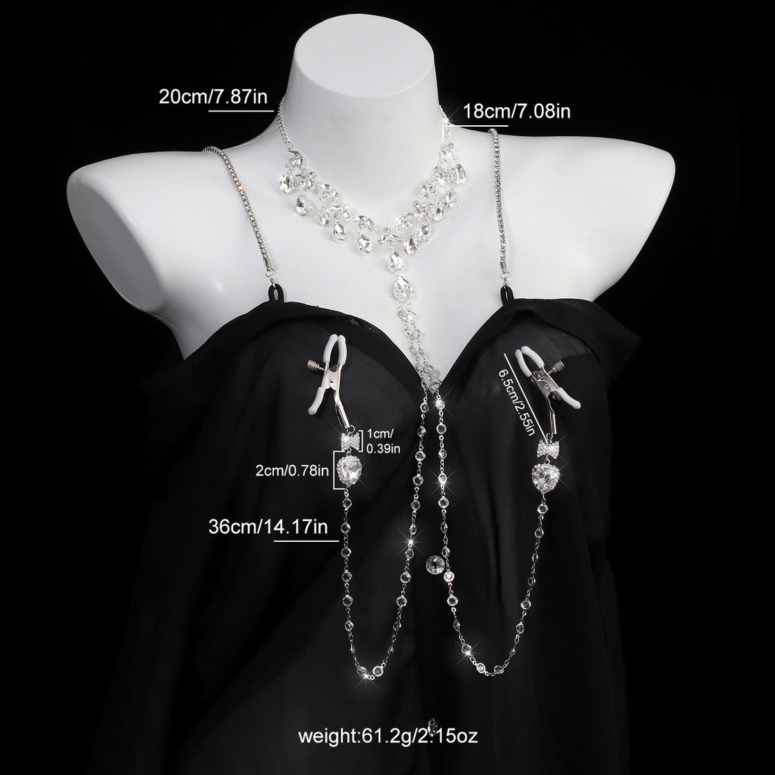 Heart & Bow Crystal Chain Nipple Clamps with Collar-4