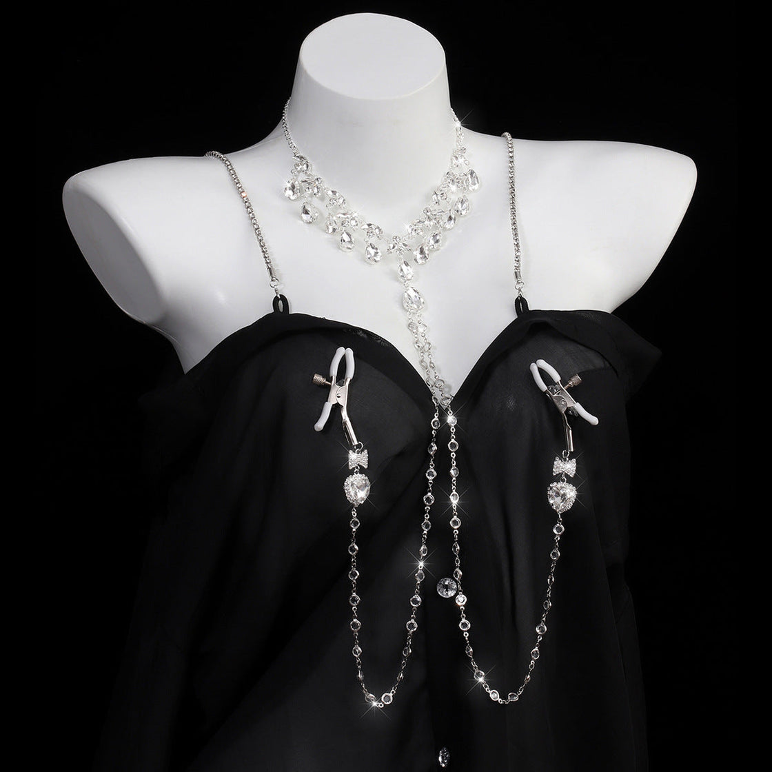 Heart & Bow Crystal Chain Nipple Clamps with Collar-1