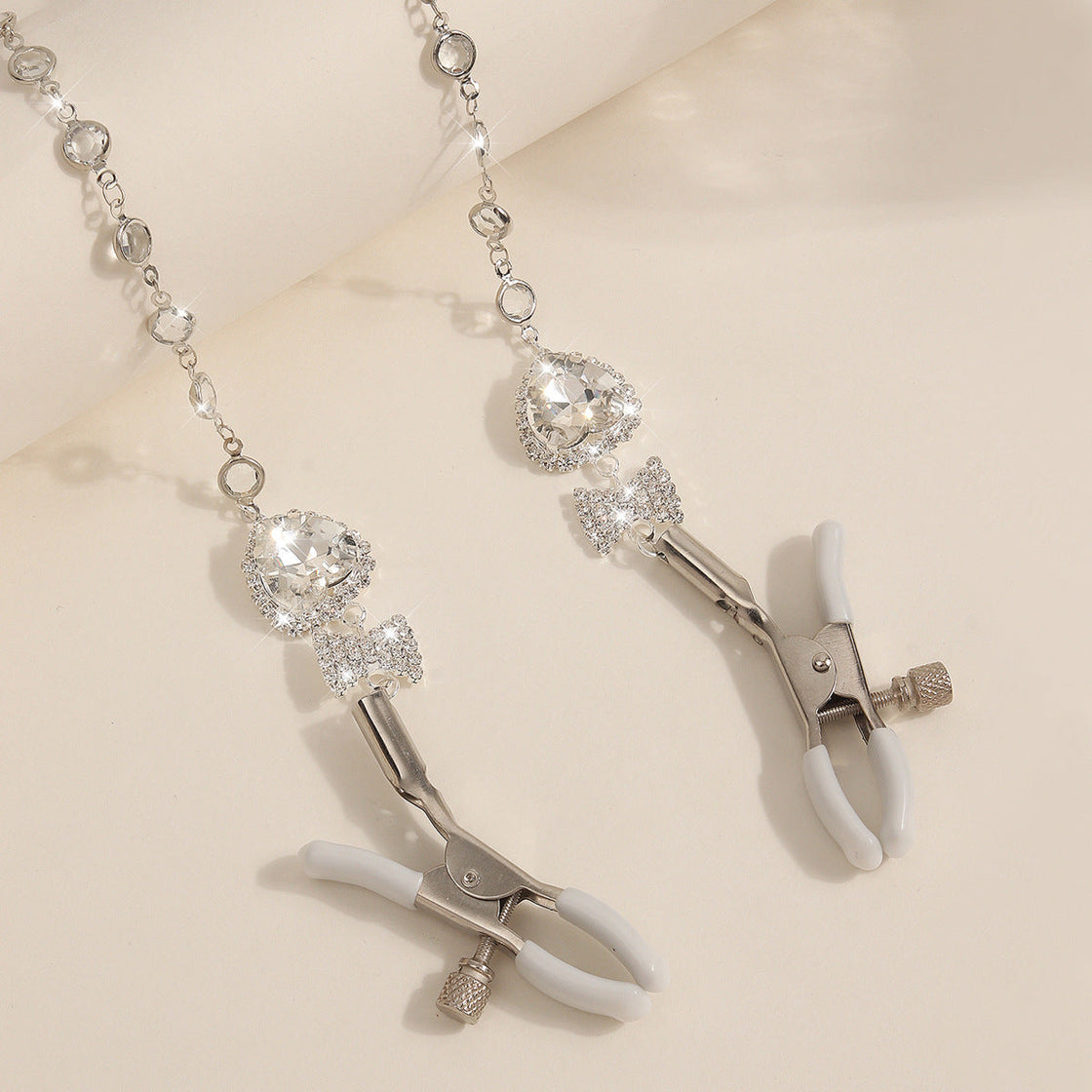 Heart & Bow Crystal Chain Nipple Clamps with Collar-3