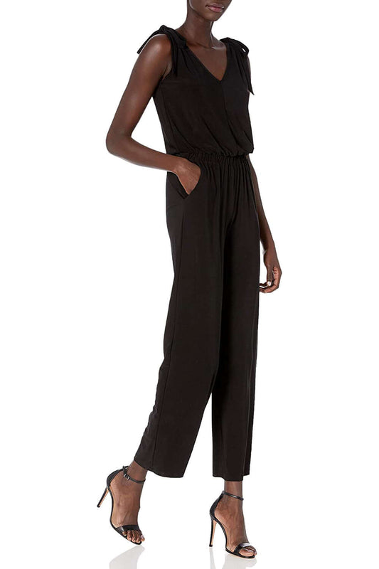 Laundry V-Neck Tie Shoulder Blouson Elastic Waist Solid Jumpsuit-0