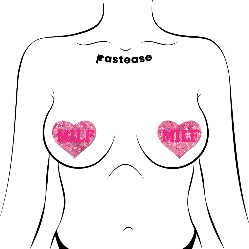 5 Pack: Love: 'MILF' in Neon Pink on Pink Disco Heart Nipple Pasties by Pastease-2