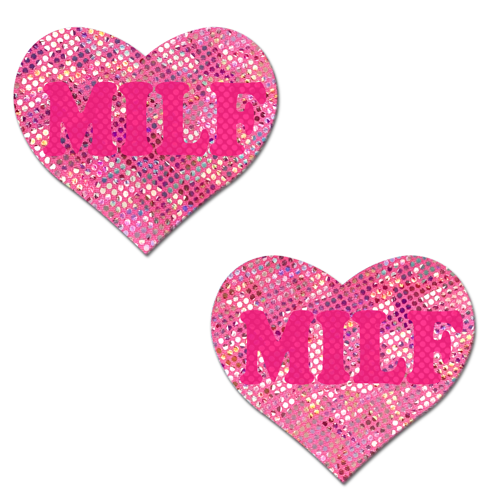 5 Pack: Love: 'MILF' in Neon Pink on Pink Disco Heart Nipple Pasties by Pastease-0