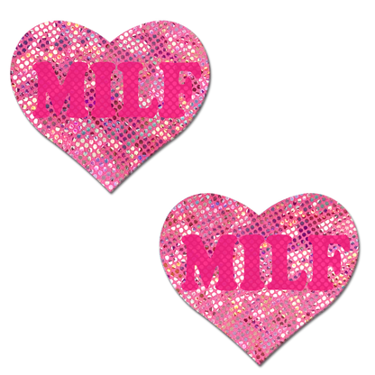 5 Pack: Love: 'MILF' in Neon Pink on Pink Disco Heart Nipple Pasties by Pastease-0