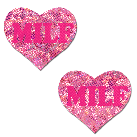 5 Pack: Love: 'MILF' in Neon Pink on Pink Disco Heart Nipple Pasties by Pastease-0
