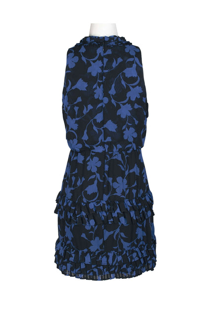 Laundry Tie Pleated Mock Neck Blouson Tiered Hem Zipper Back Floral Print Chiffon Dress-3