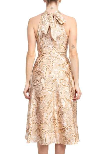 Laundry Tie Back Halter Neck Zipper Back Paisley Print Fit and Flare Satin Midi Dress-3