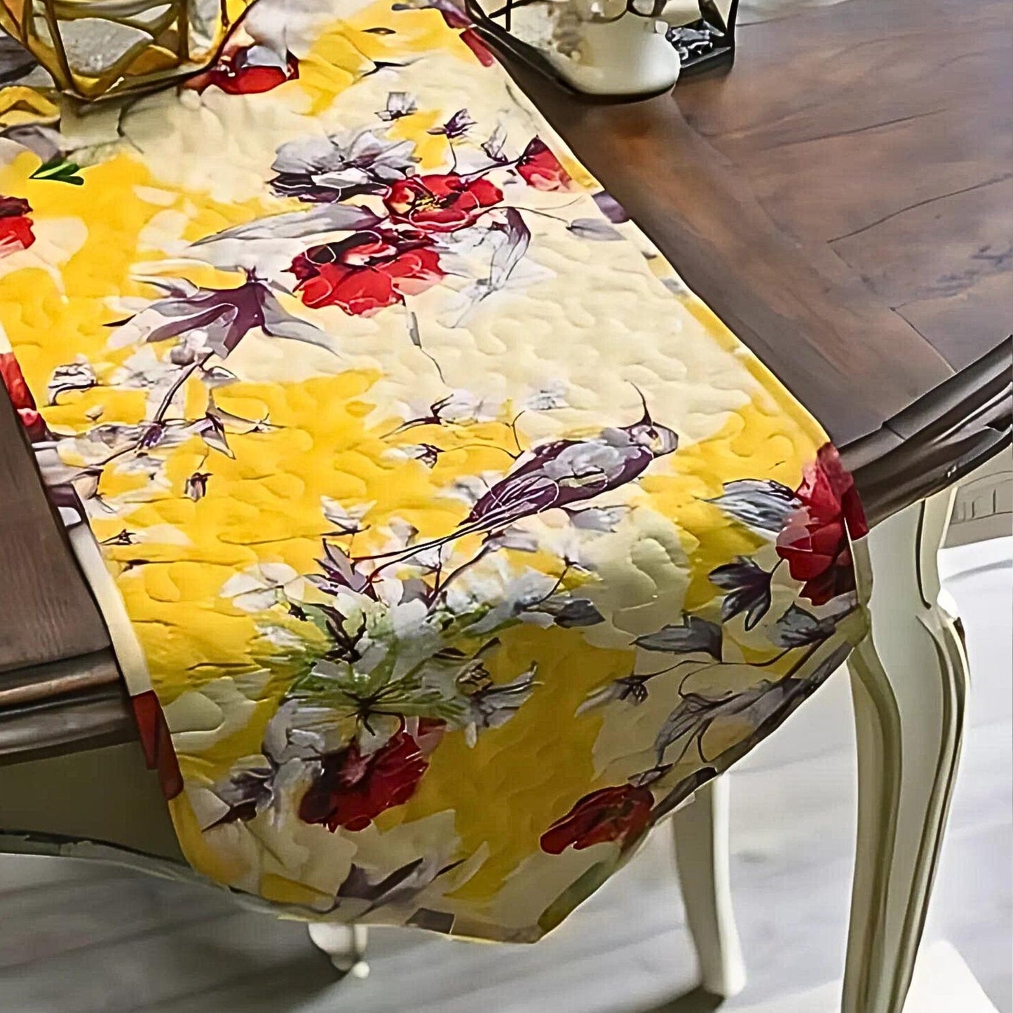 DaDalogy Bedding Sunshine Yellow Floral Vintage Hummingbirds Garden Table Runner (925)-0