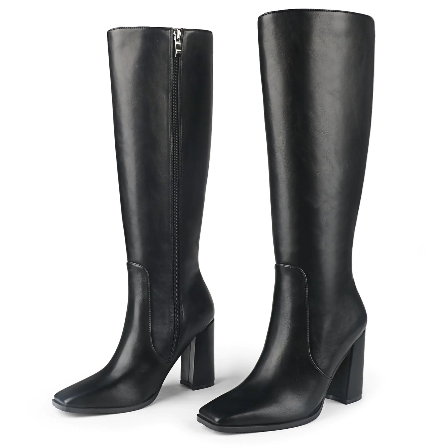 COLETER Womens Knee High Boots Square Toe Chunky Gogo Boots Zipper Block Heeled Tall Dress Boots Matte Black 7.5US