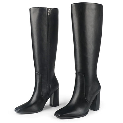 COLETER Womens Knee High Boots Square Toe Chunky Gogo Boots Zipper Block Heeled Tall Dress Boots Matte Black 7.5US