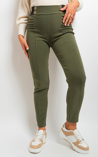 Elastic Waist Button Detail Leggings-0