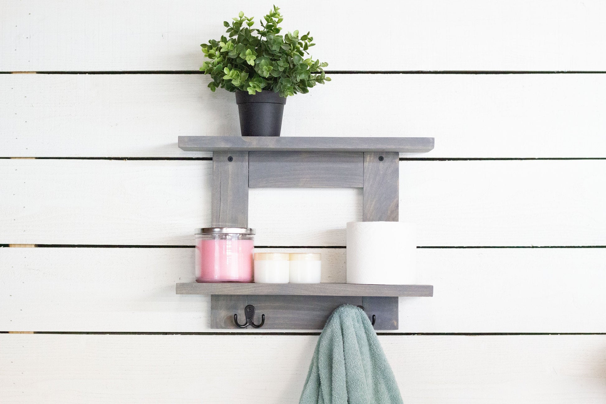 Bathroom Wall Shelf with 2 Double Towel Hooks-4