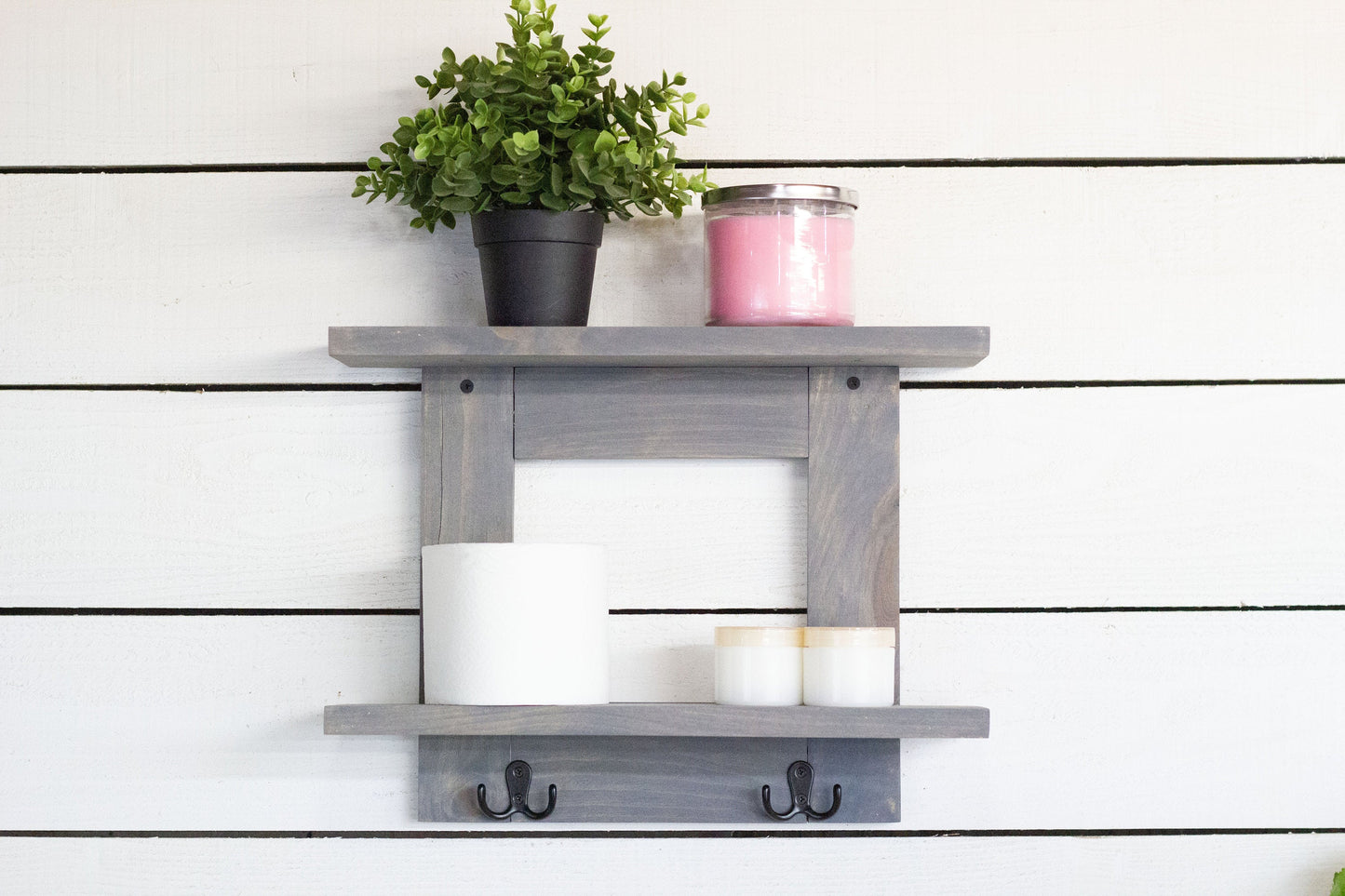 Bathroom Wall Shelf with 2 Double Towel Hooks-3