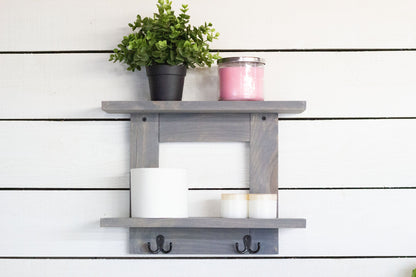 Bathroom Wall Shelf with 2 Double Towel Hooks-3
