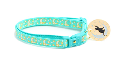 Gold Moons and Stars on Aqua V2 Cat Collar-4
