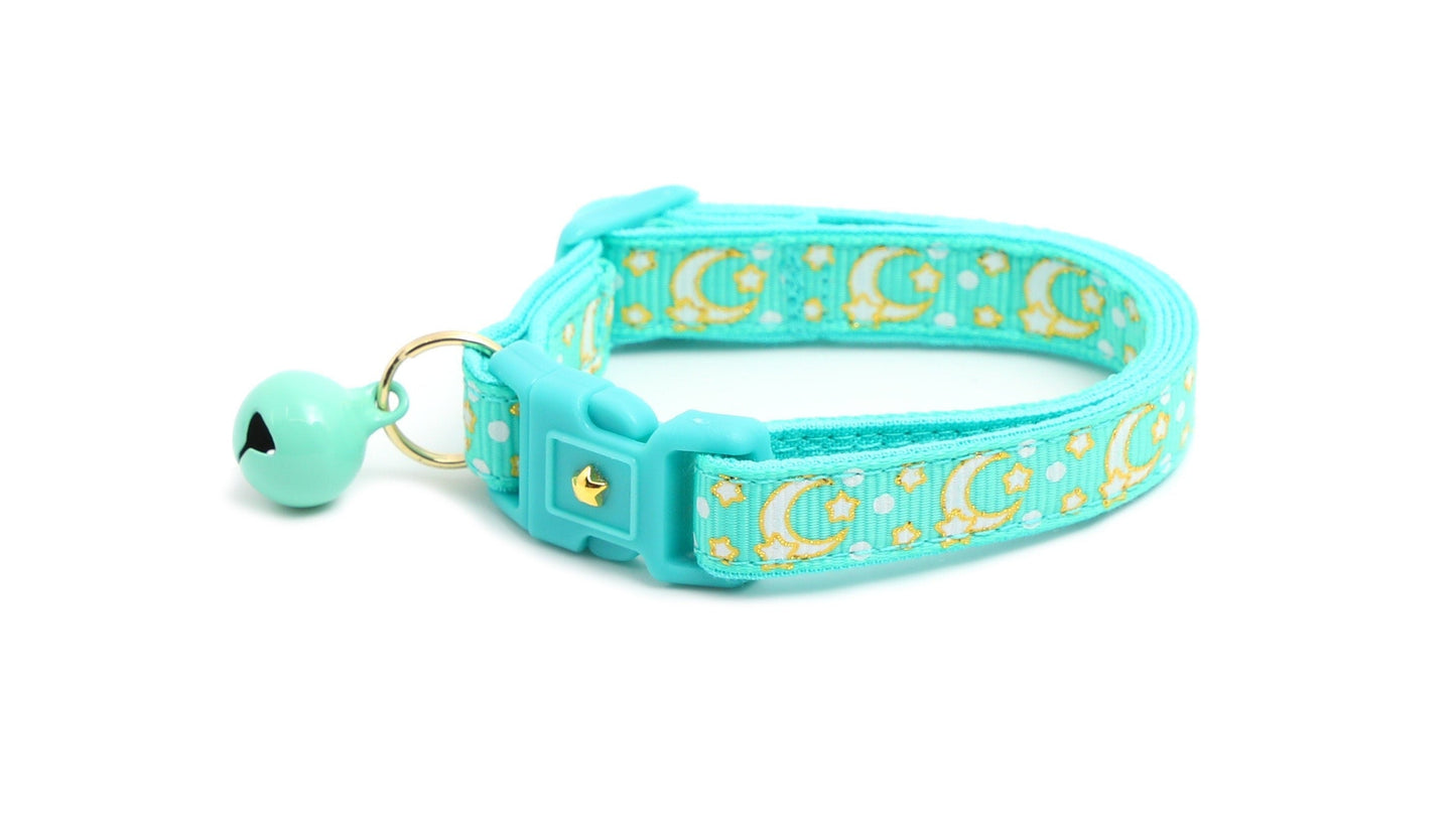 Gold Moons and Stars on Aqua V2 Cat Collar-0