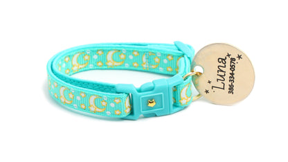 Gold Moons and Stars on Aqua V2 Cat Collar-6