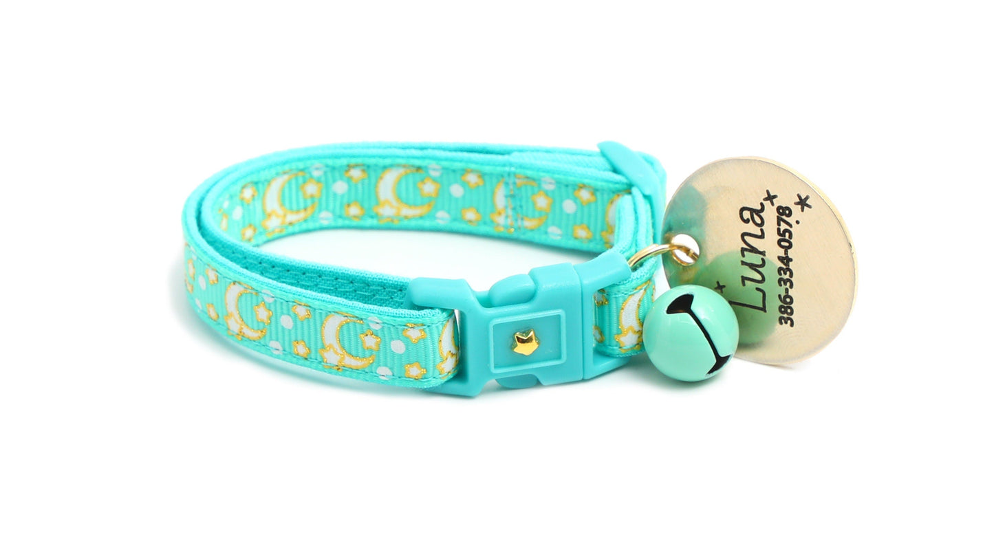 Gold Moons and Stars on Aqua V2 Cat Collar-7
