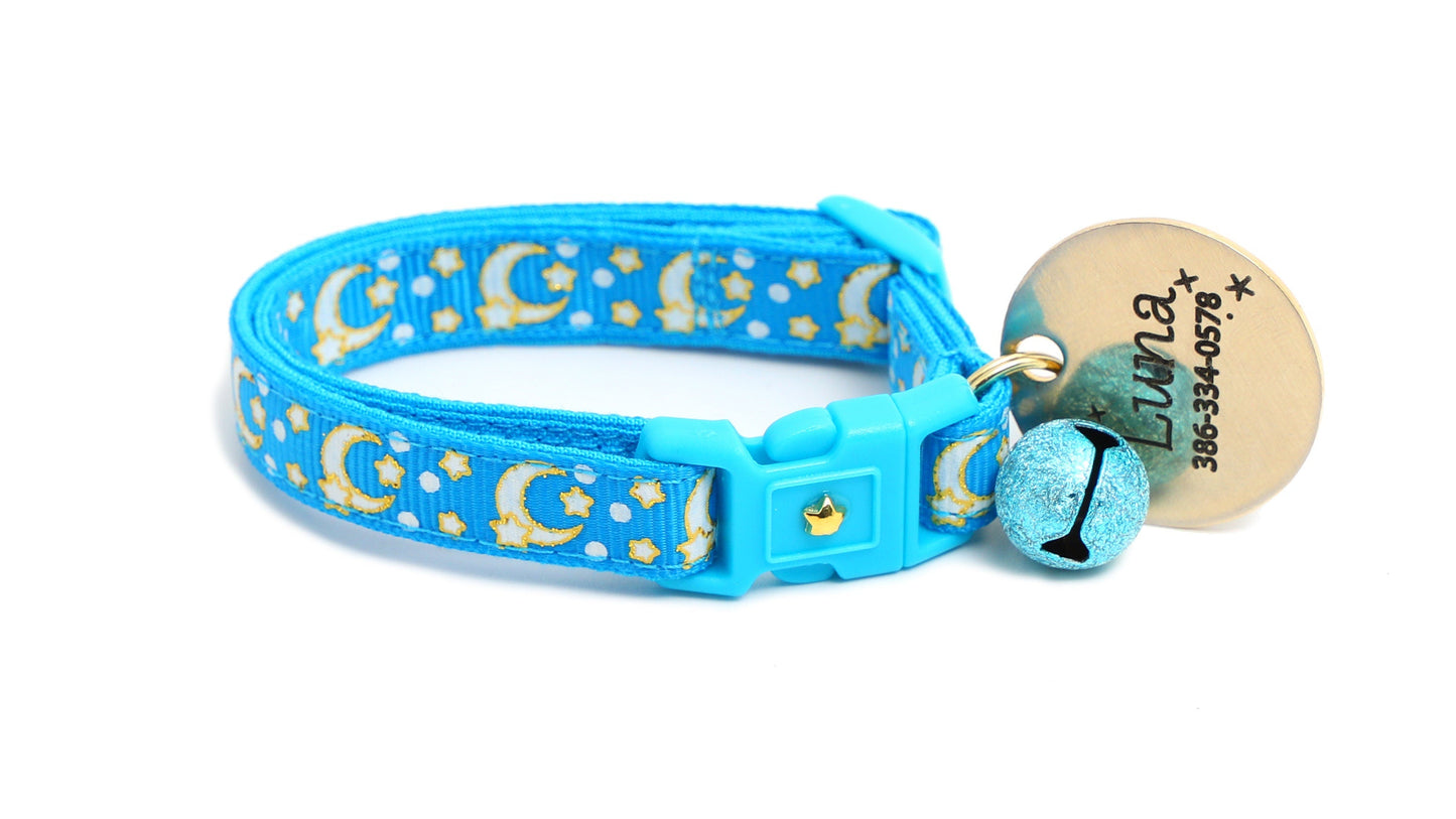 Gold Moons and Stars on Peacock Blue Cat Collar-7