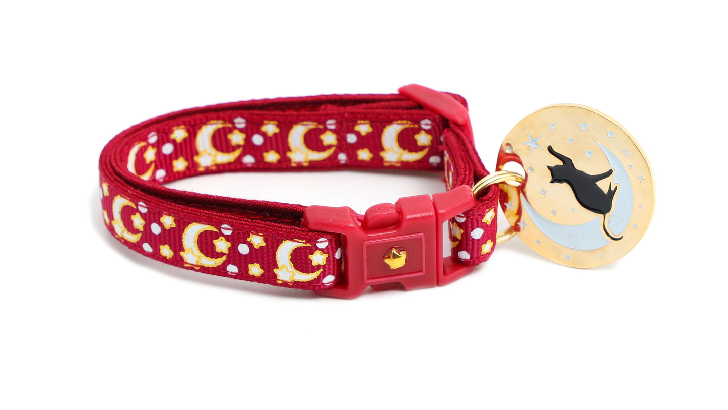 Gold Moons and Stars on Dark Red Cat Collar-1
