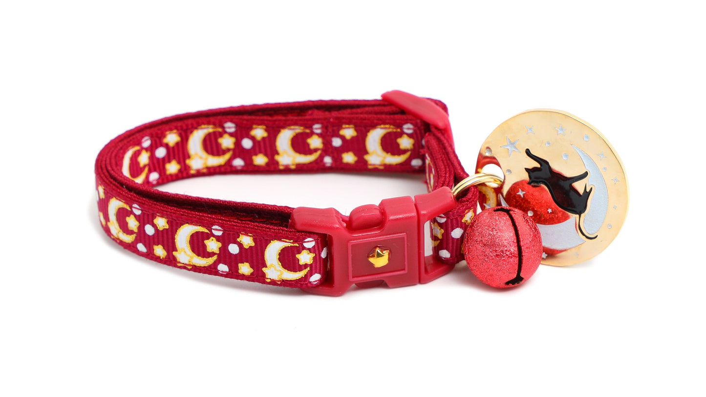 Gold Moons and Stars on Dark Red Cat Collar-5